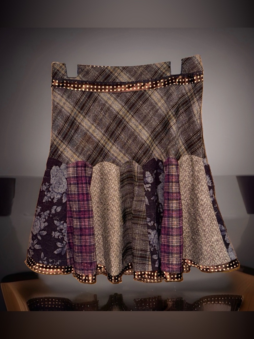 Maurices Patchwork Circle Skirt in Magenta & Gray w/Lace & Polka Dot Trim-3/4-E